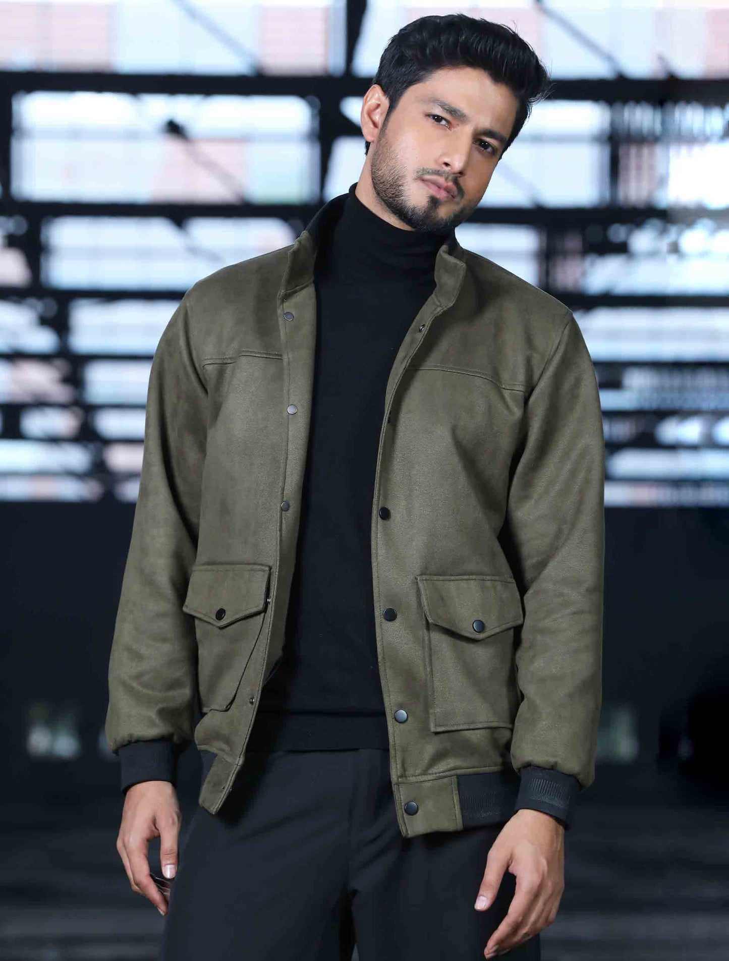 Olive suede leather high neck jacket