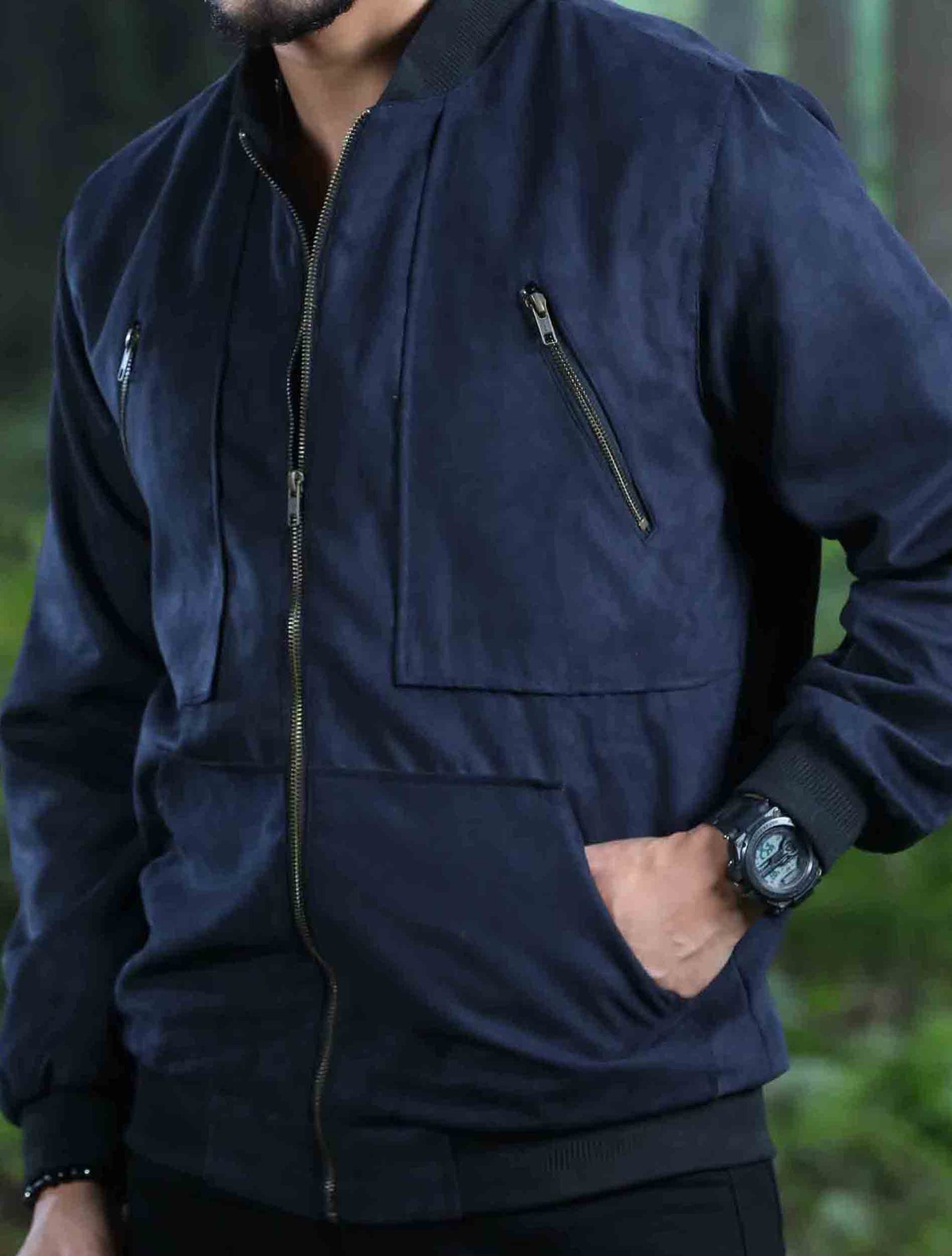 Blue zipper contrast suede leather jacket