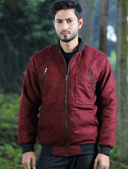 Maroon zipper contrast suede leather jacket