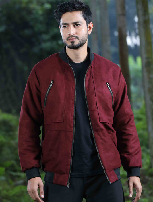 Maroon zipper contrast suede leather jacket