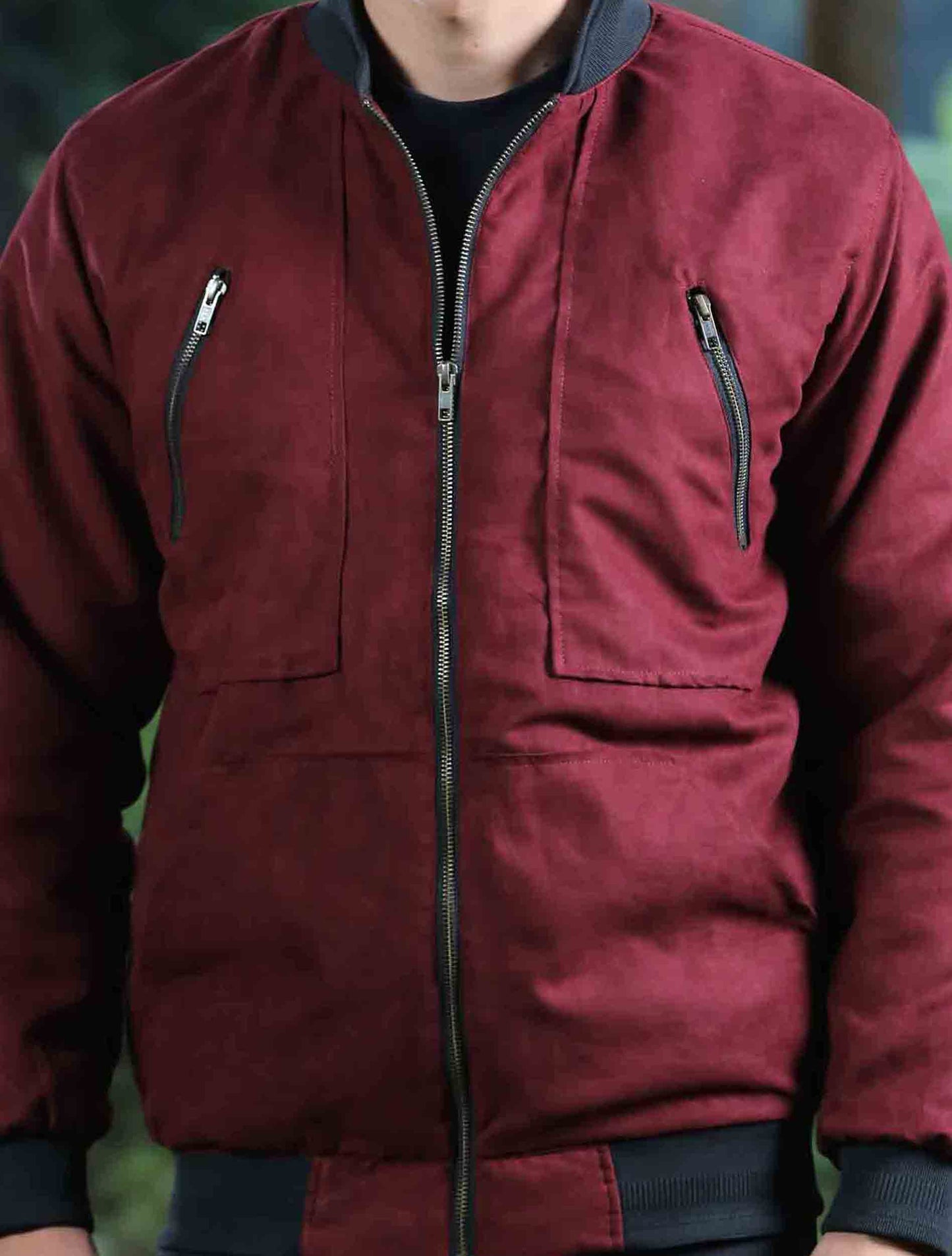 Maroon zipper contrast suede leather jacket