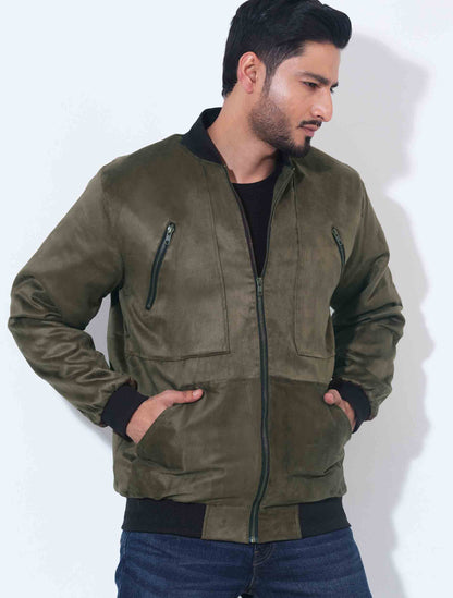 Olive zipper contrast suede leather jacket