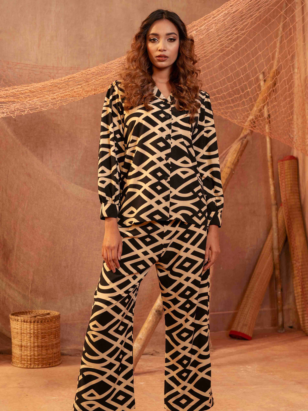 Black cream Abstract printed Female Co-Ord set