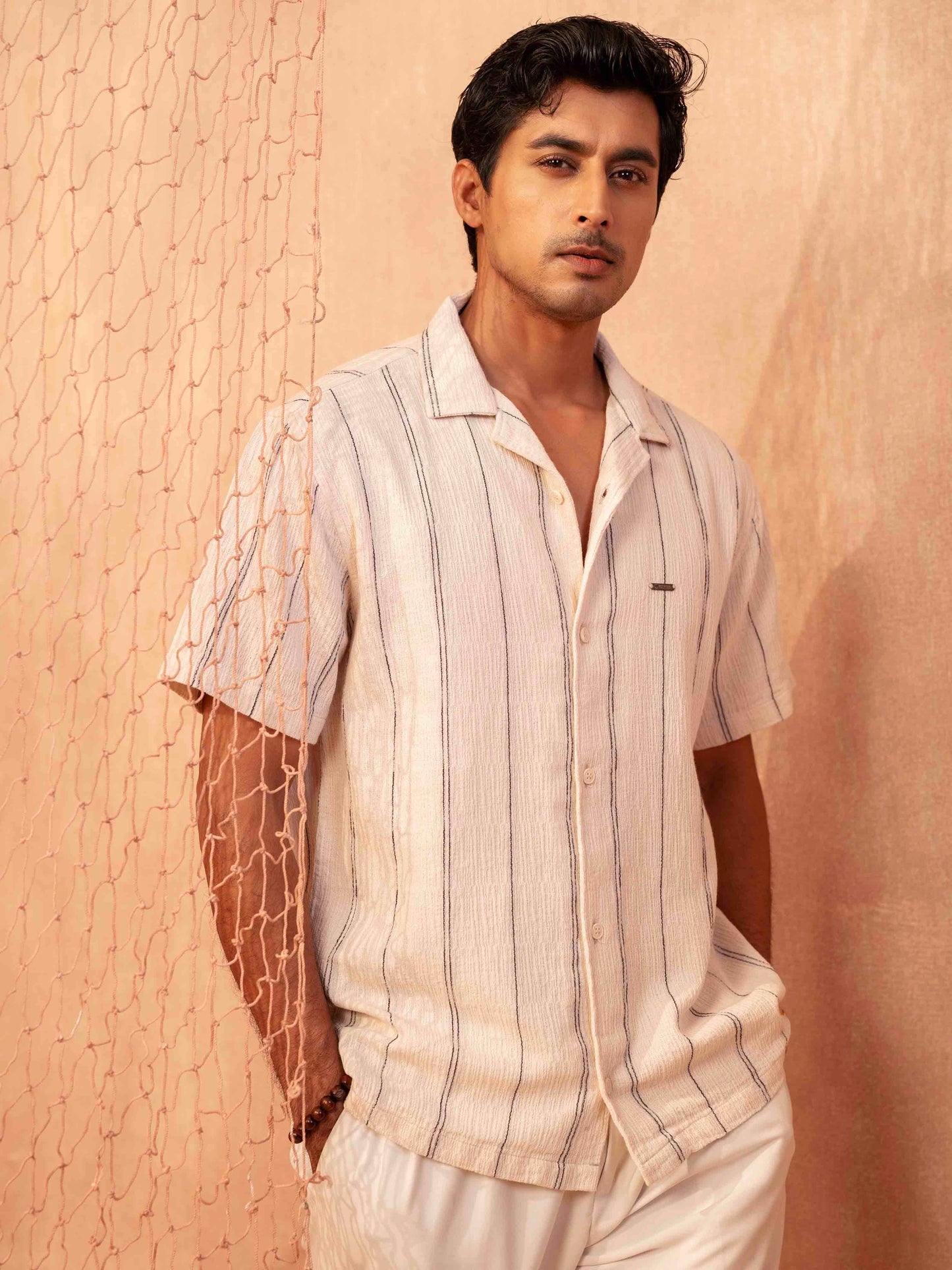 Pearl white Black stripe printed havana shirt