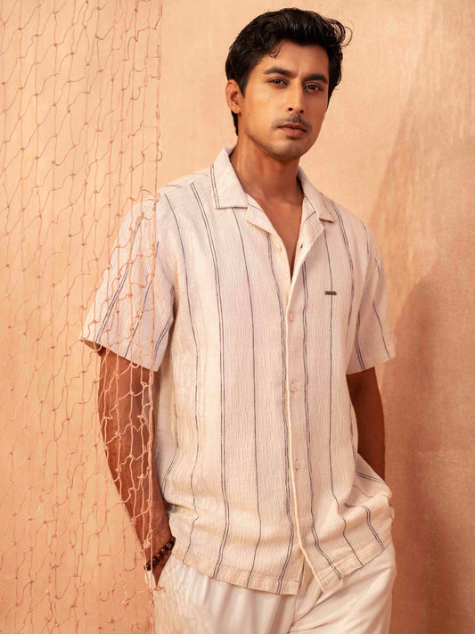 Pearl white Black stripe printed havana shirt