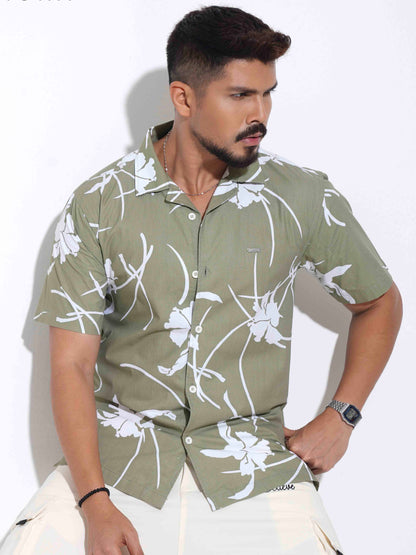 Olive Hibiscus leaf printed Havana shirt