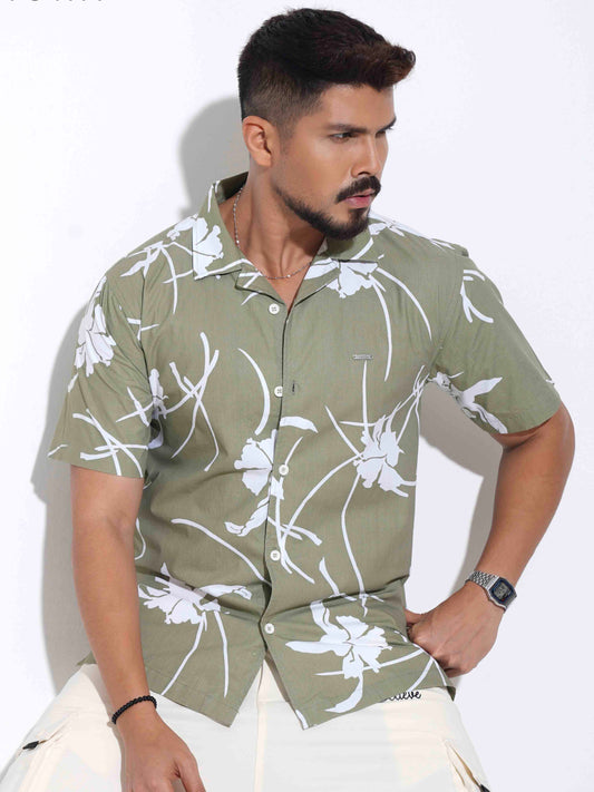 Olive Hibiscus leaf printed Havana shirt