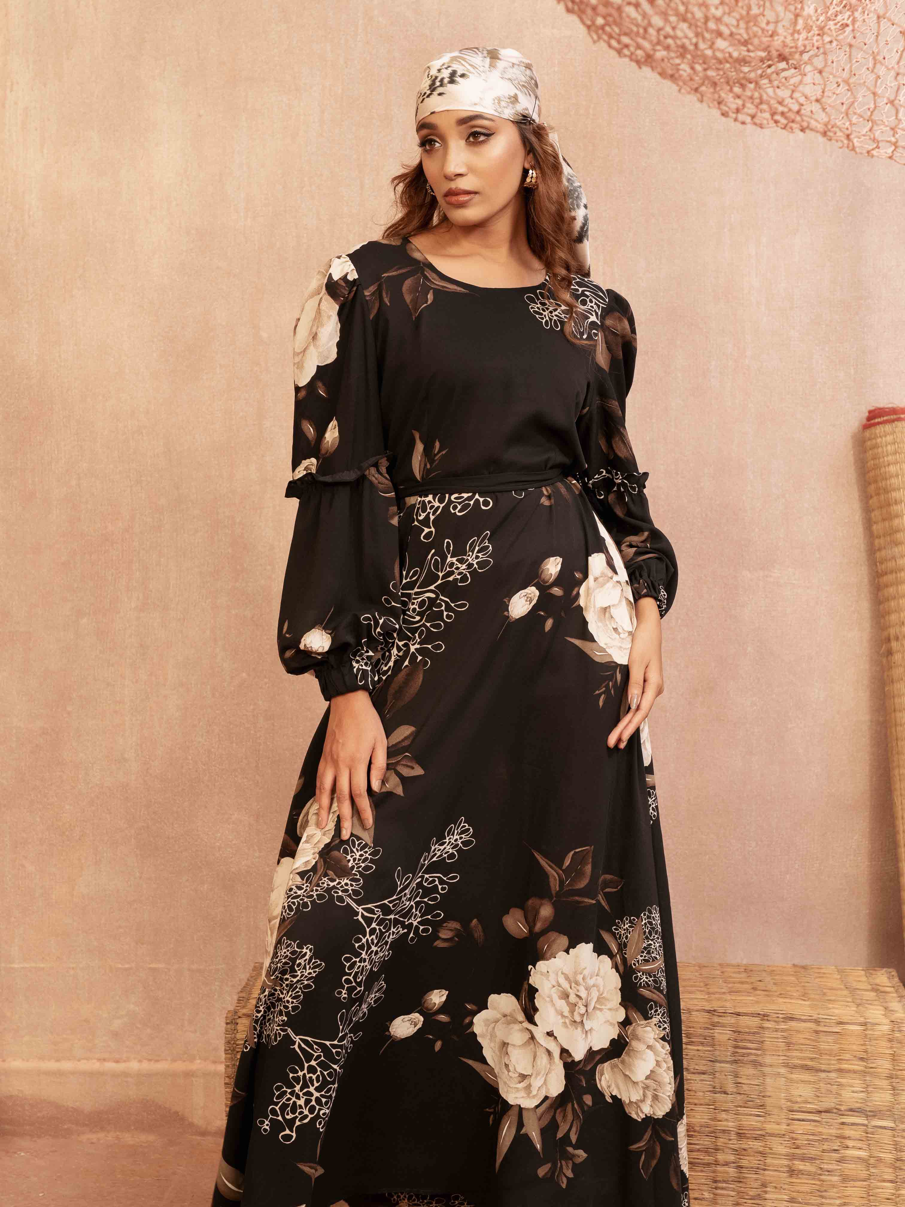 Black Coffee cream printed Female Long Gown
