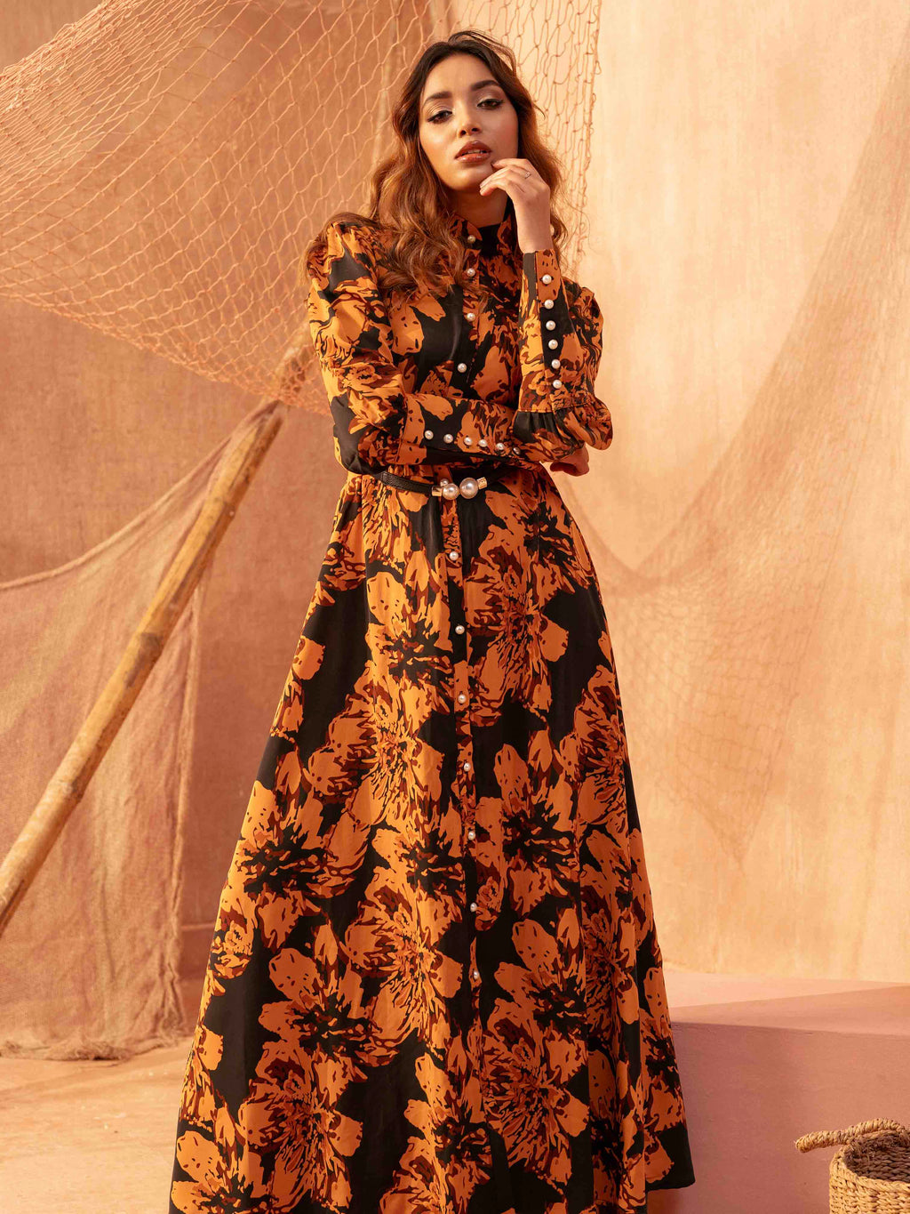 Orange Black printed Female Long Gown