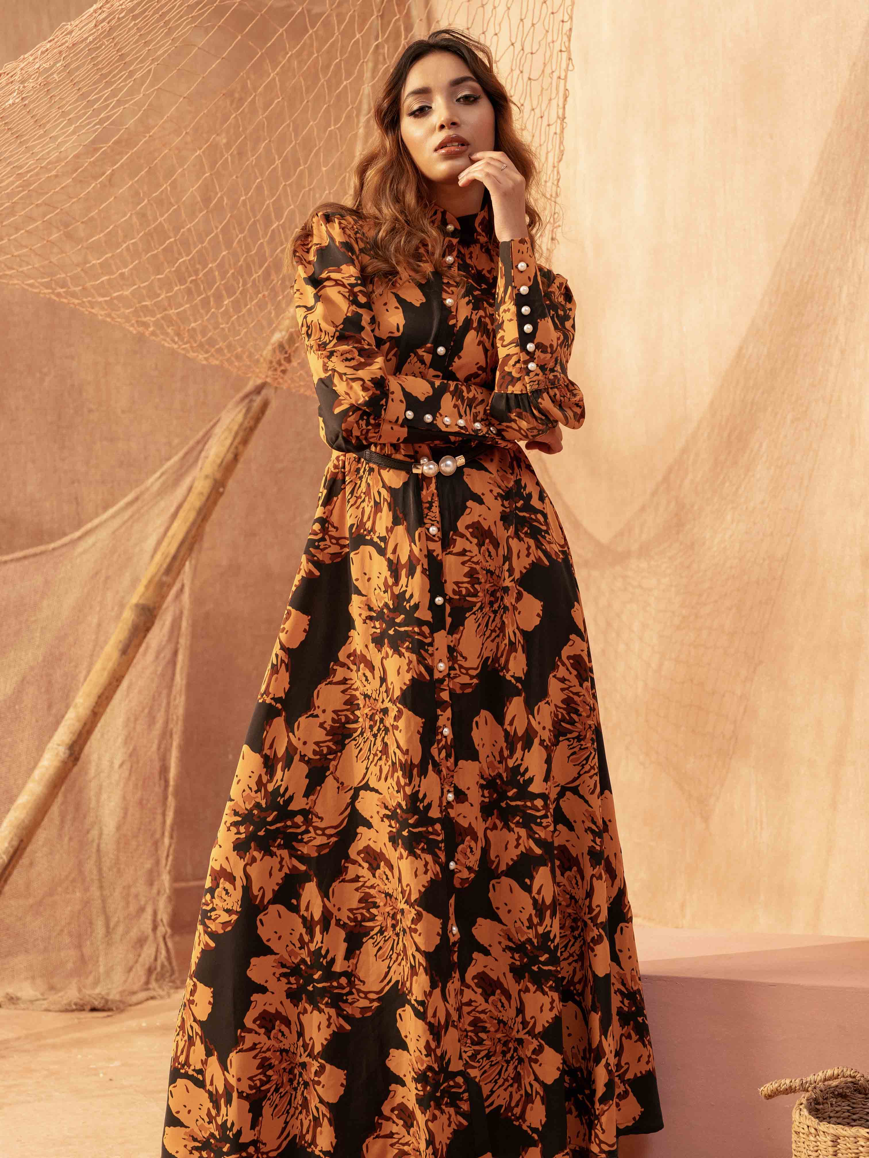 Orange Black printed Female Long Gown