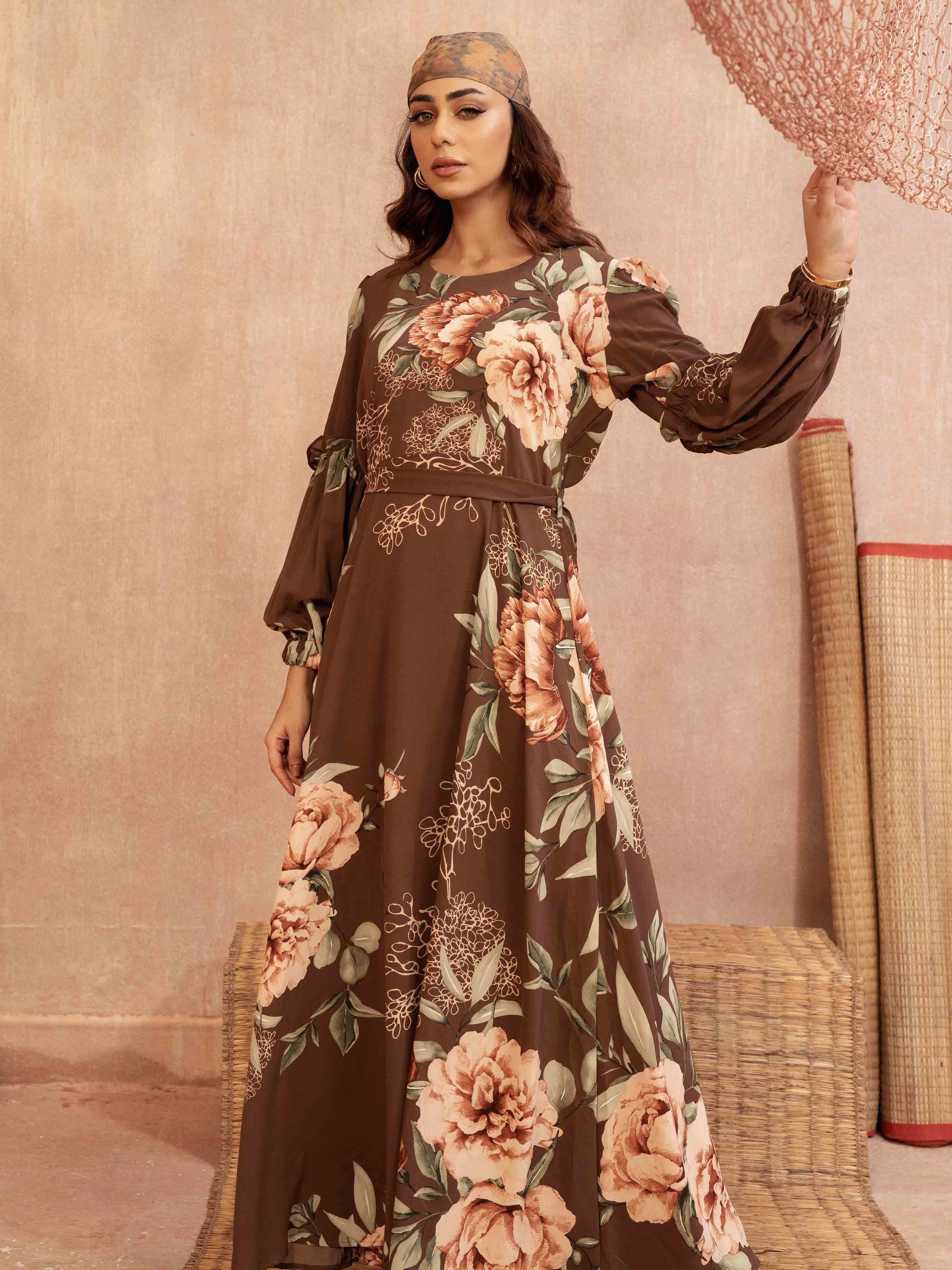 Coffee cream green floral printed Female Long Gown