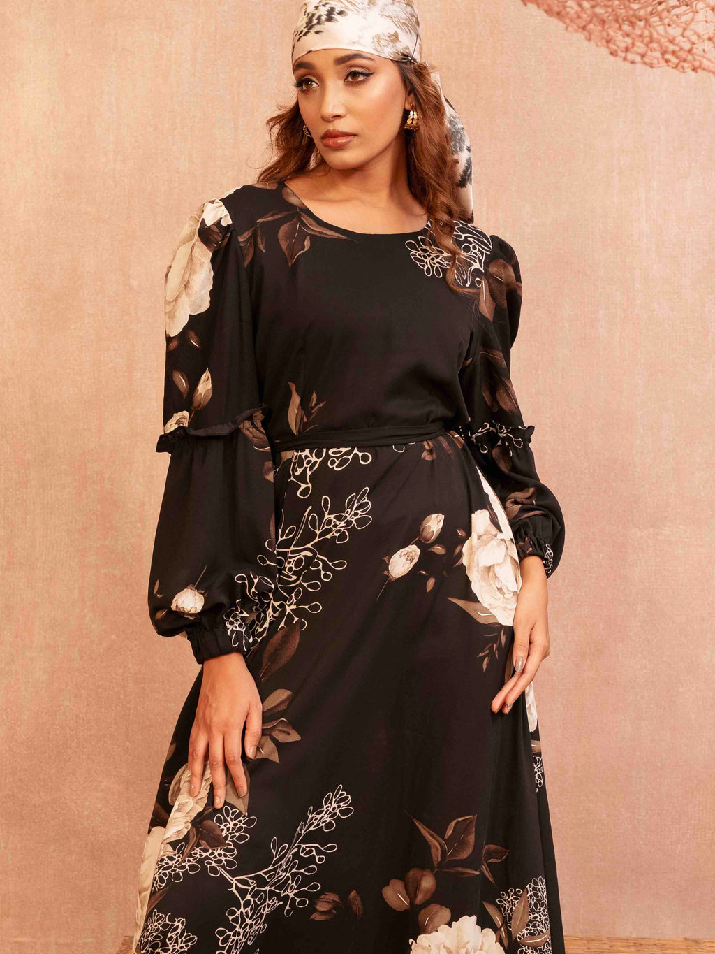 Black Coffee cream printed Female Long Gown