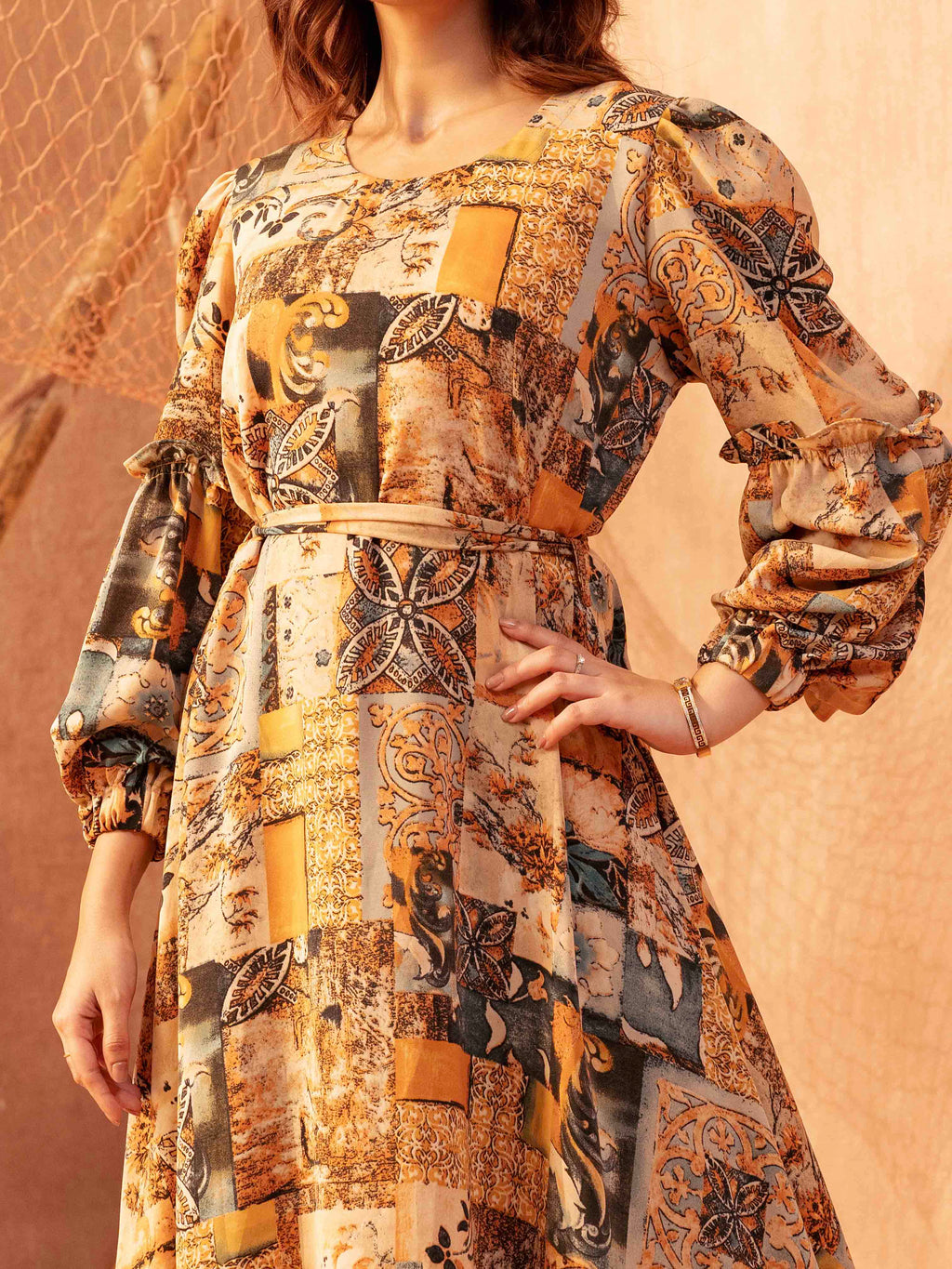 Orange Cream sankha printed Female Long Gown