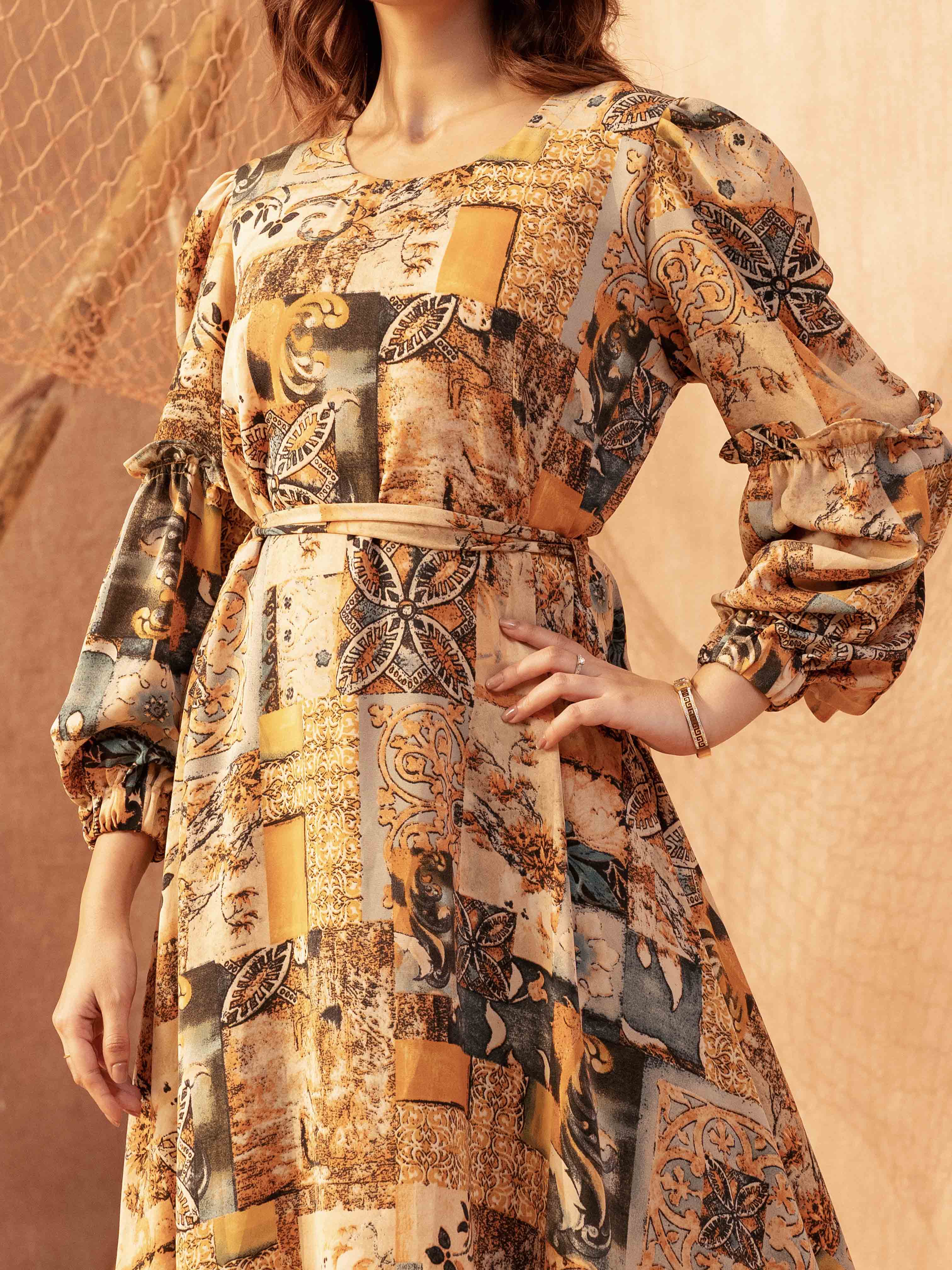 Orange Cream sankha printed Female Long Gown