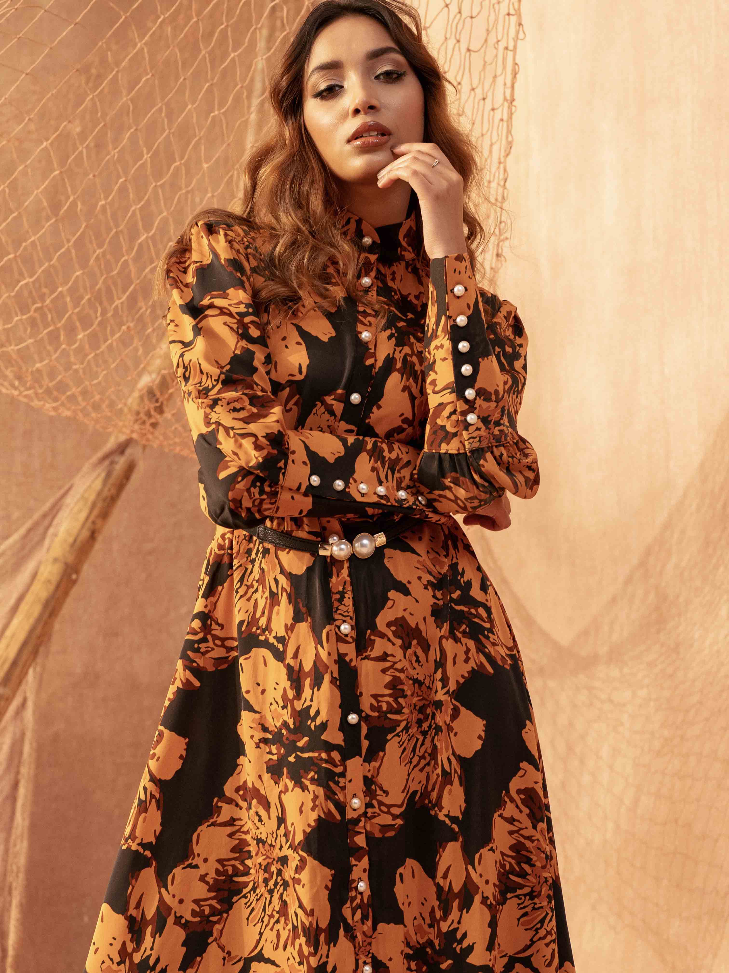 Orange Black printed Female Long Gown