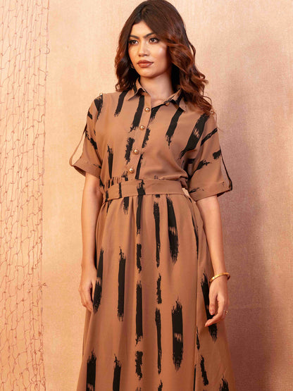 Walnut Color With Black Stripe Printed Semi Long Dress
