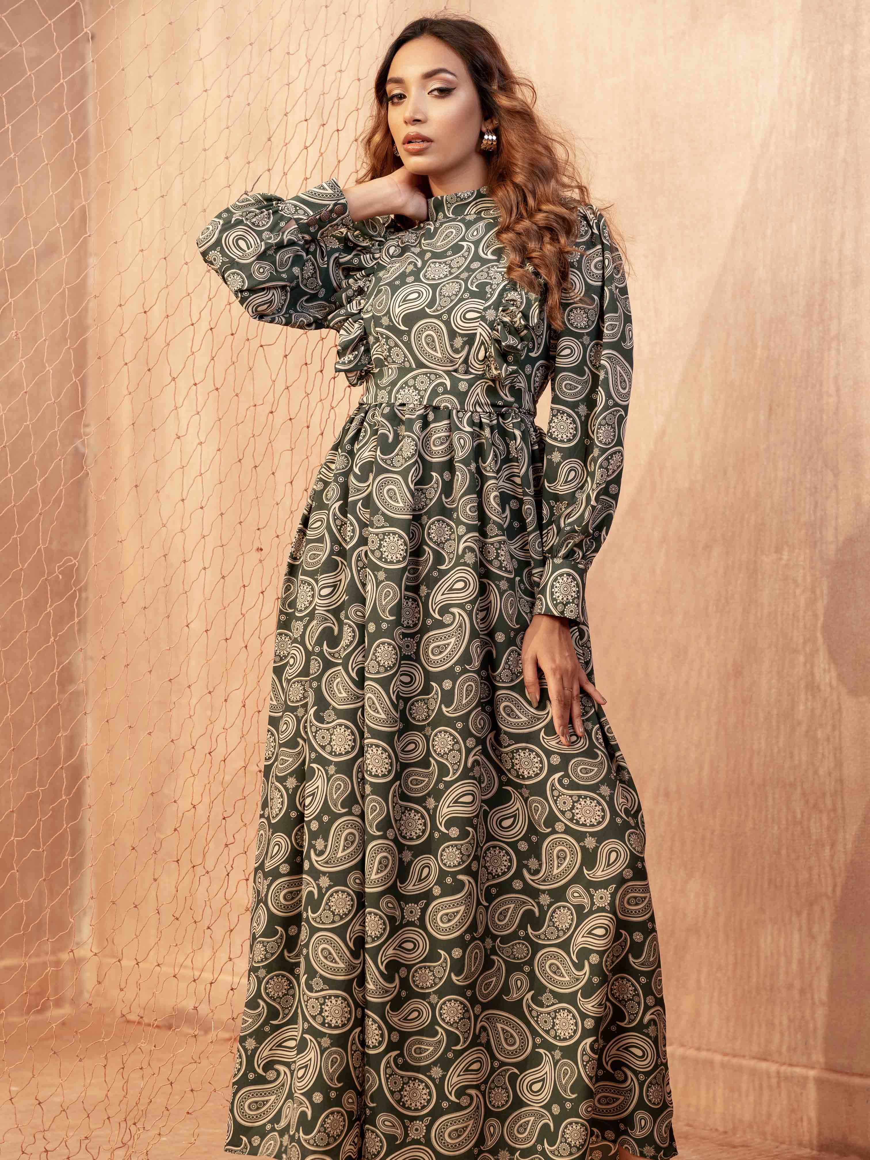 Green Sankha Printed Long Gown
