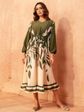 Cream and Army Green Printed Semi Long Dress