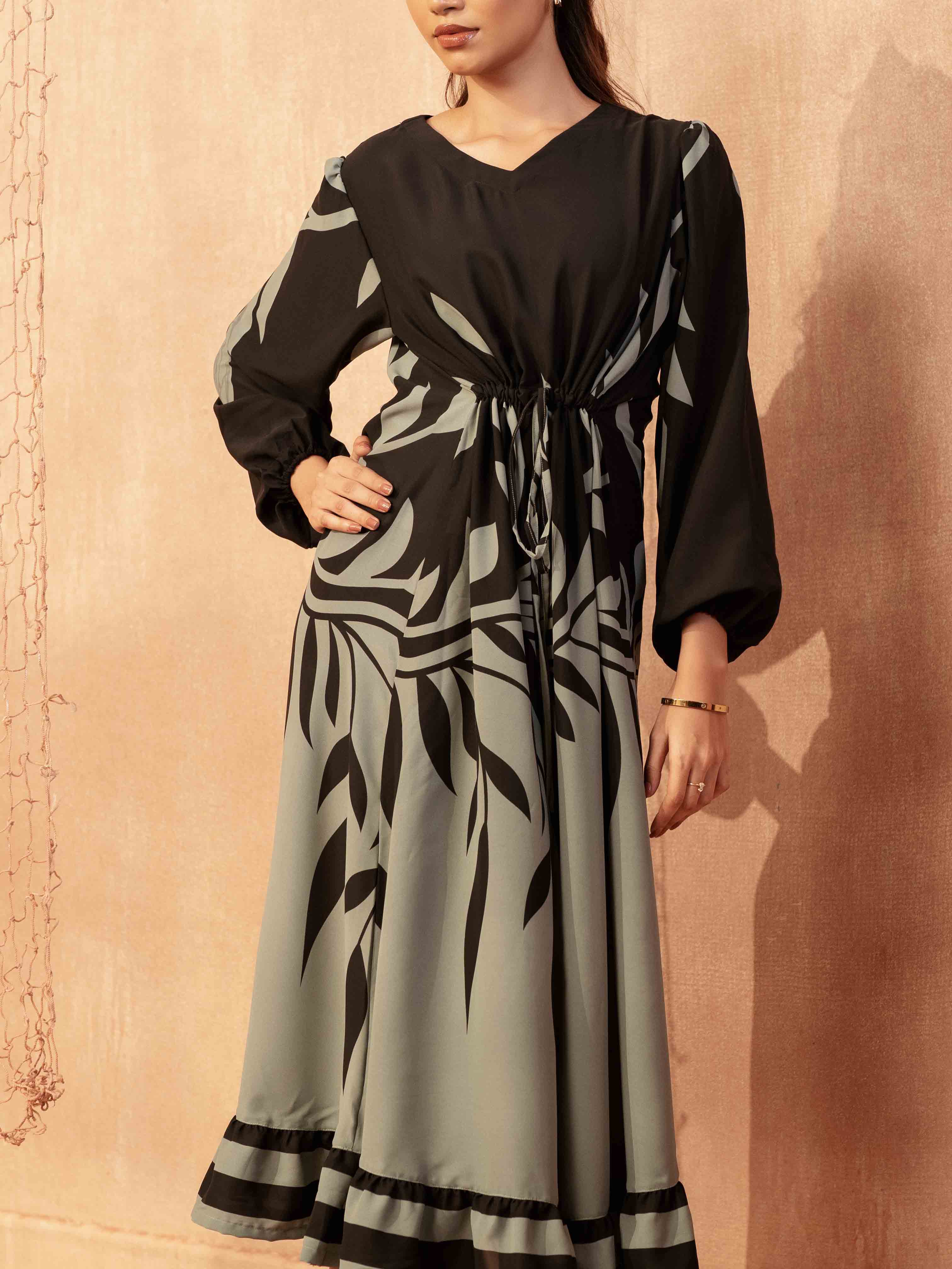 Black and Teal Printed Semi LongGown