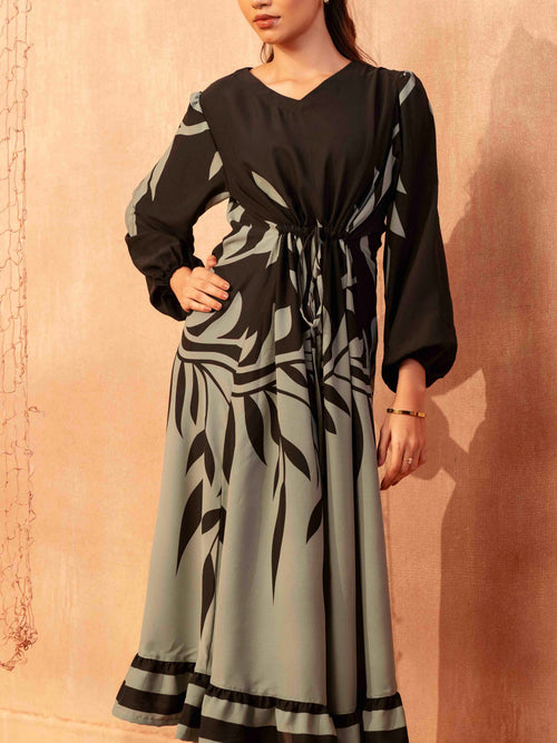 Black and Teal Printed Semi LongGown