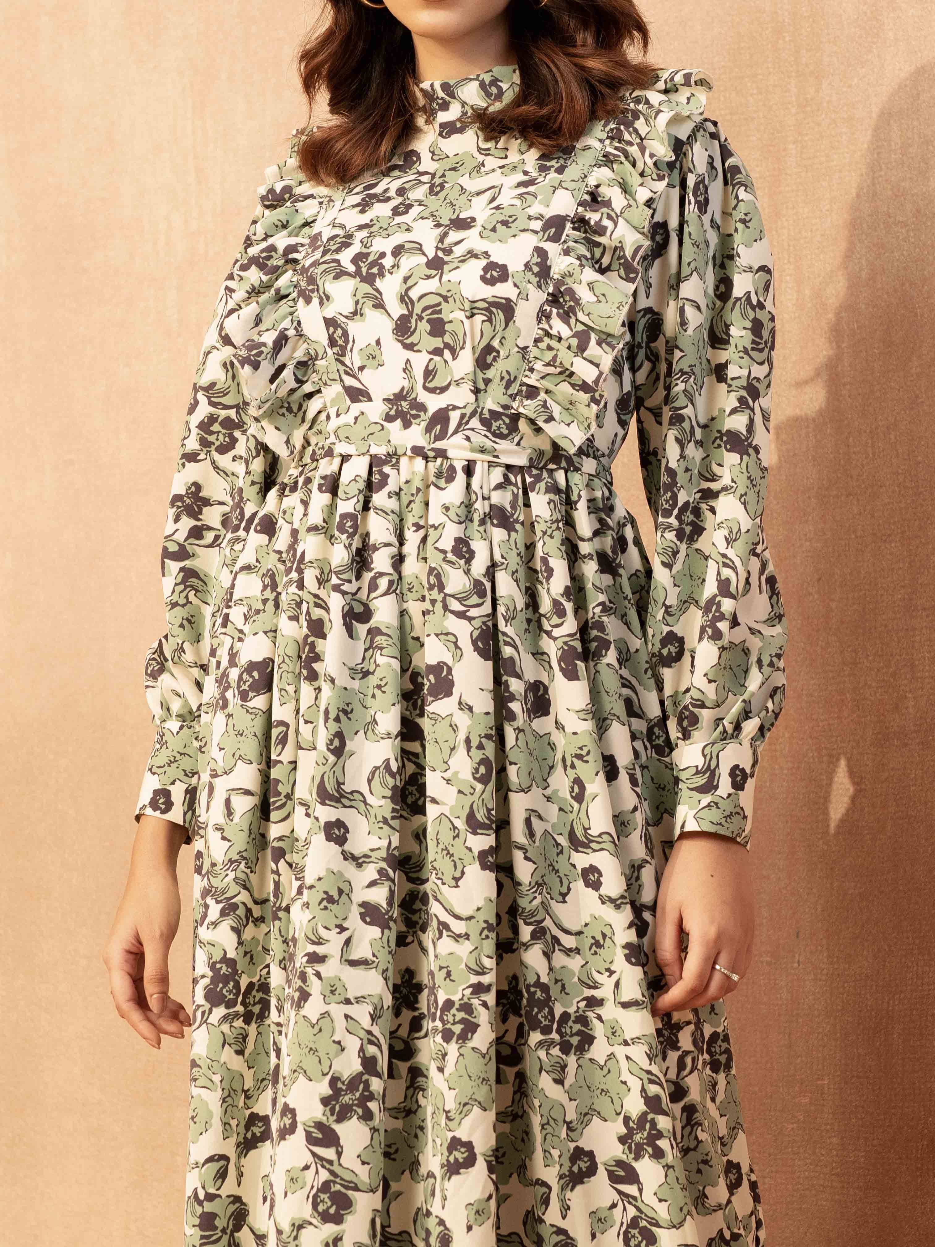 Cream Color with Emerald Floral Printed Long Gown