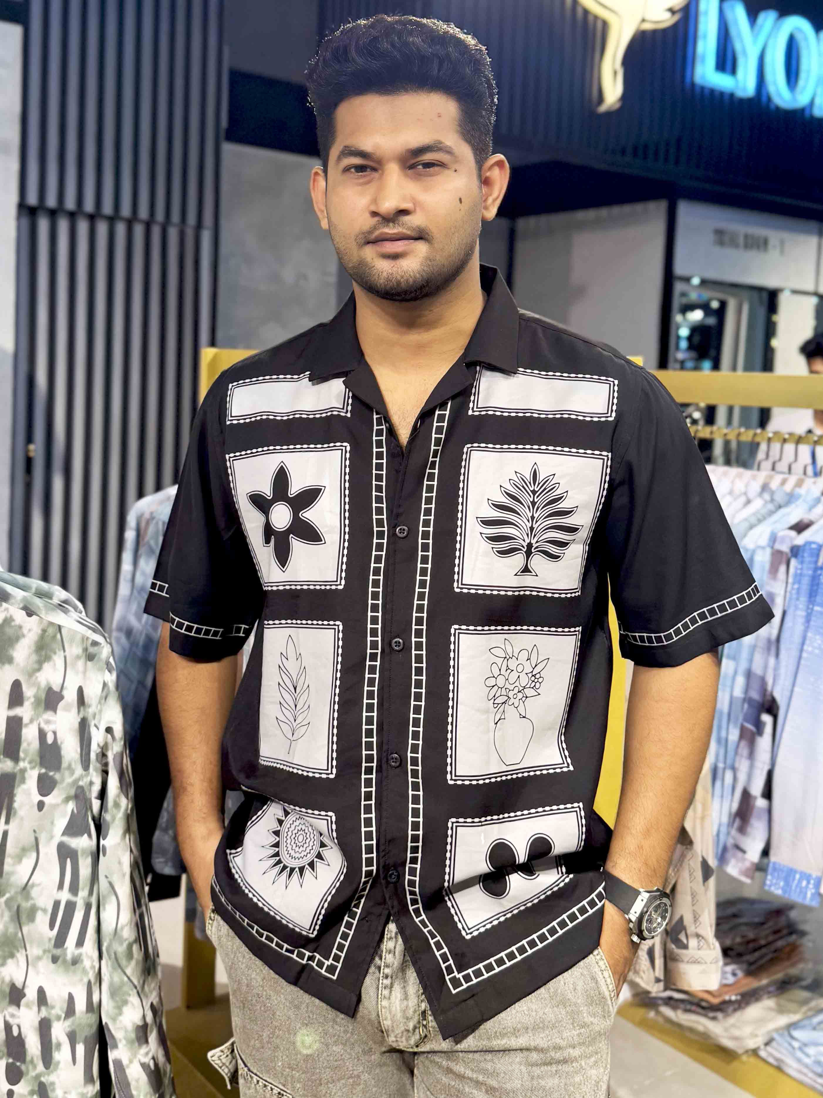 Black Block Flower printed havana shirt