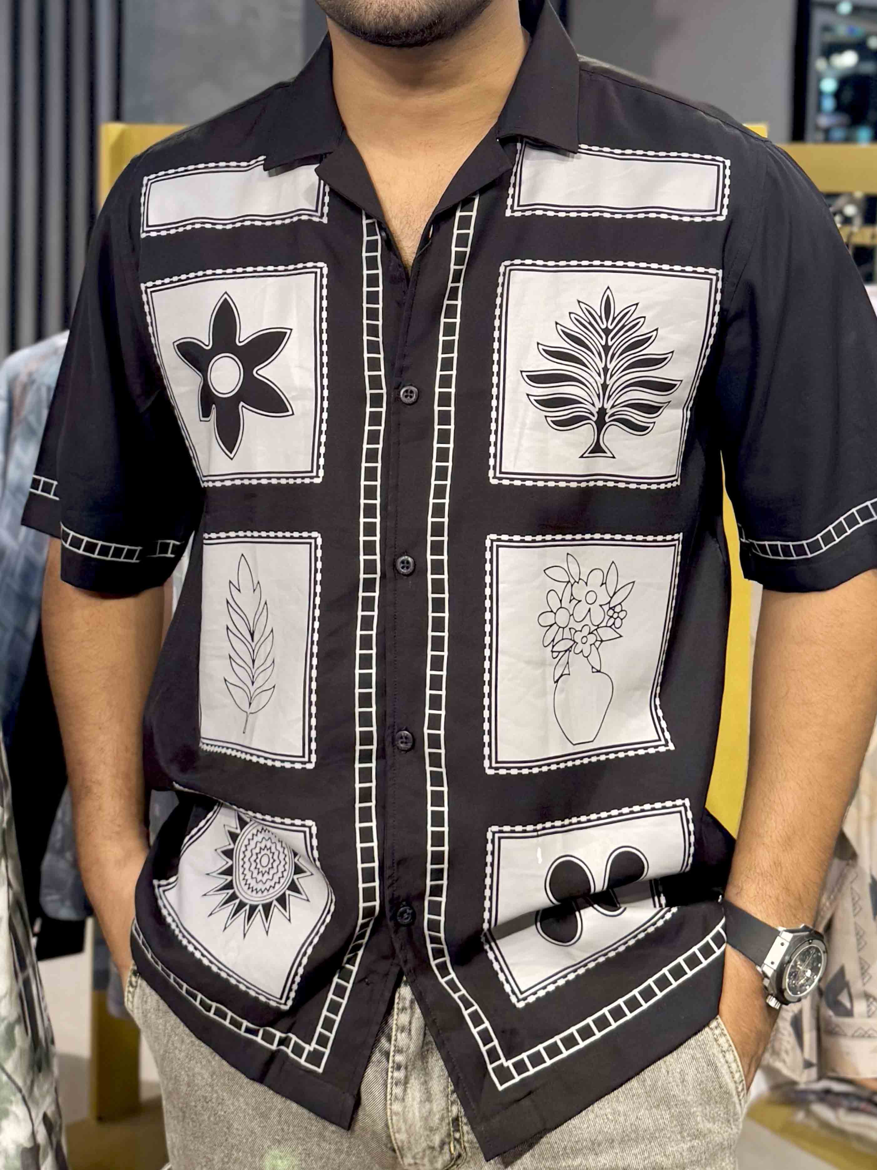 Black Block Flower printed havana shirt