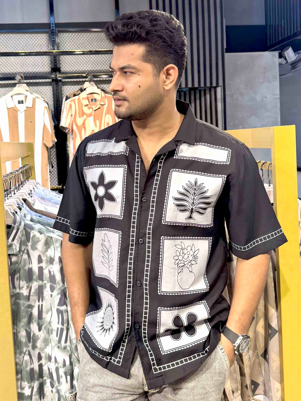 Black Block Flower printed havana shirt