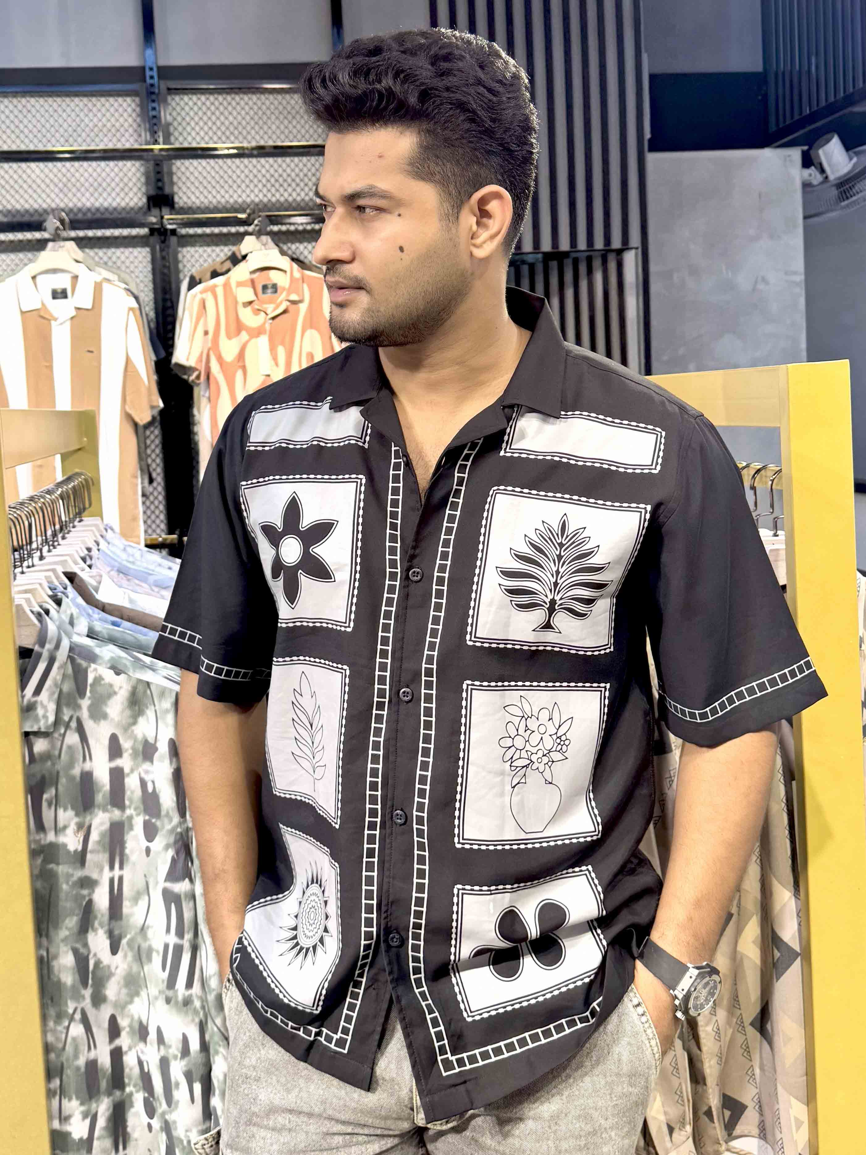 Black Block Flower printed havana shirt