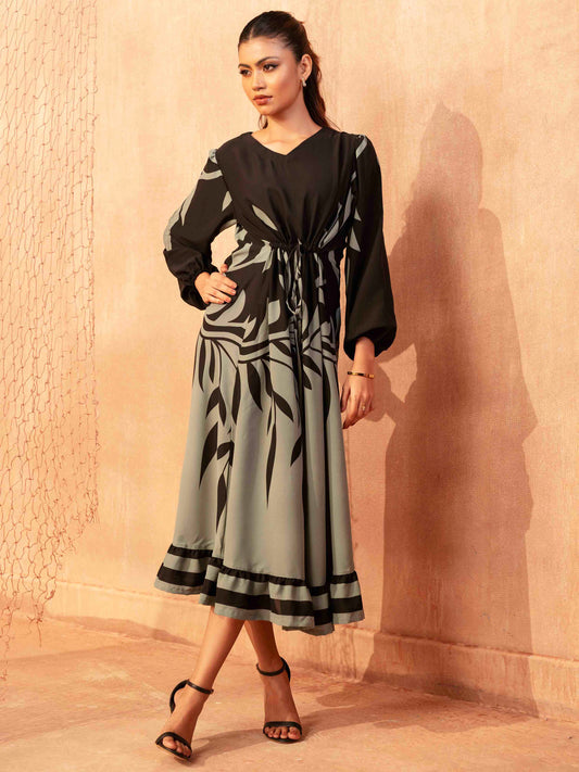 Black and Teal Printed Semi LongGown