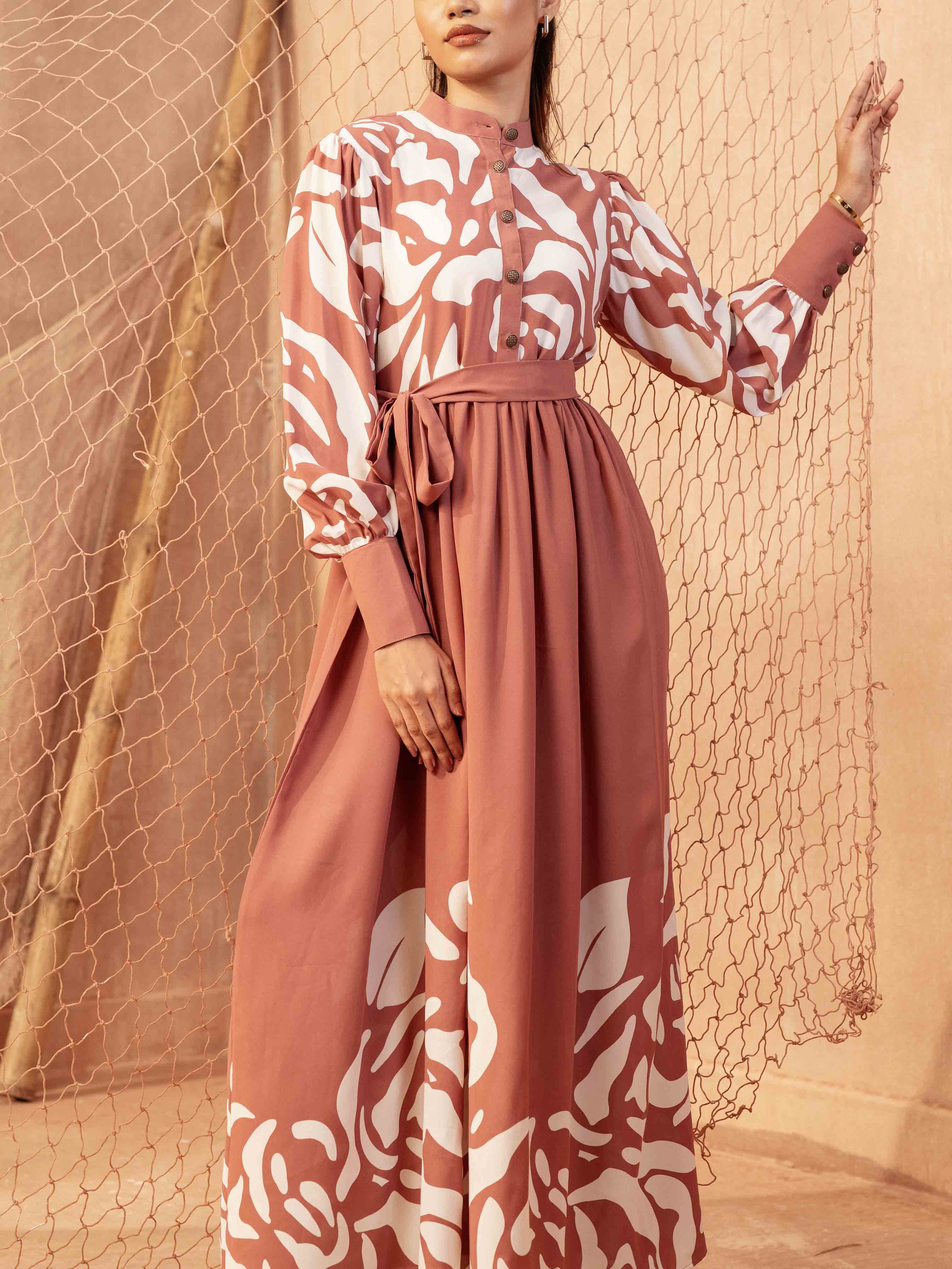 Pink and White Floral Printed Gown