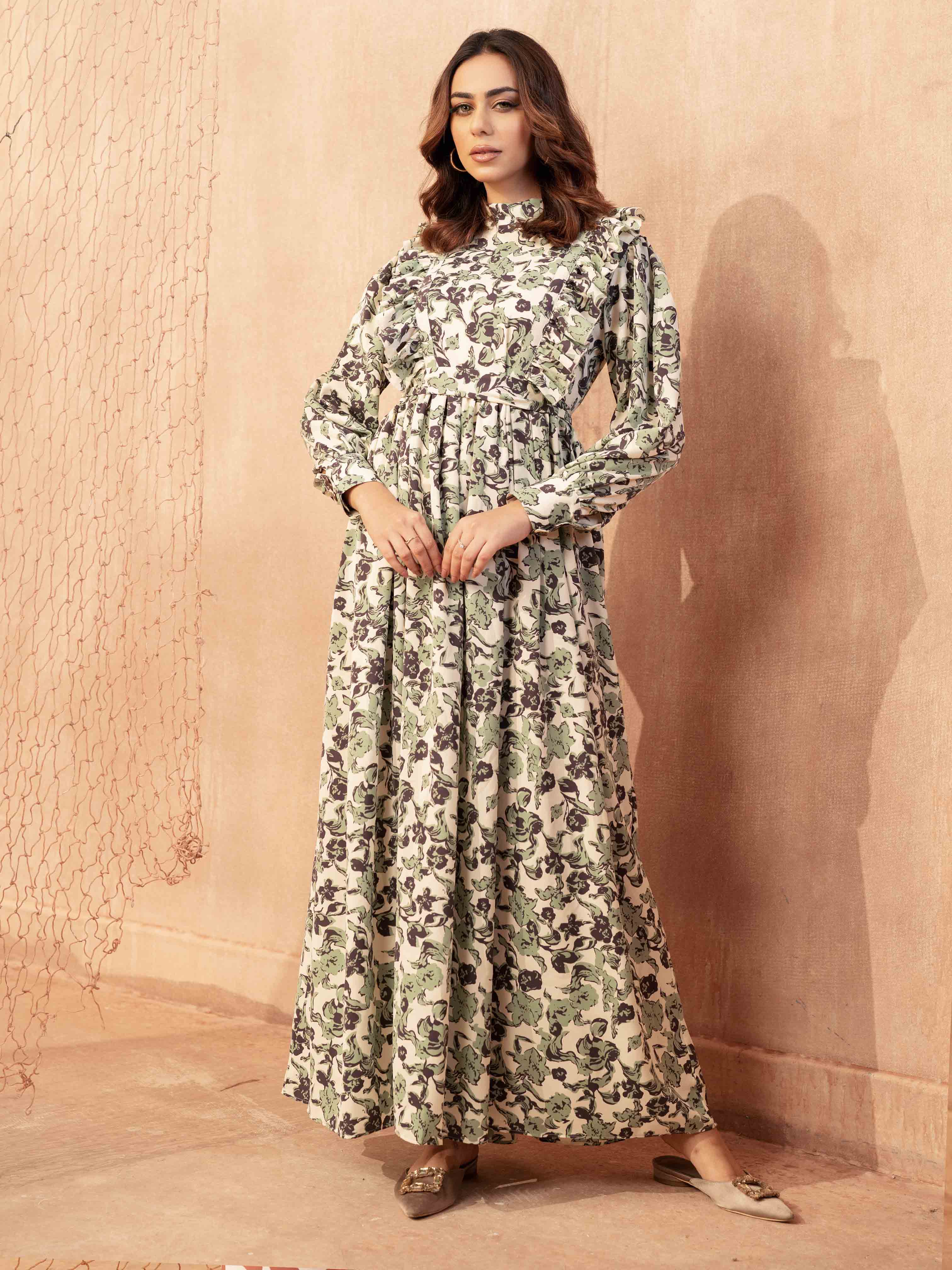 Cream Color with Emerald Floral Printed Long Gown