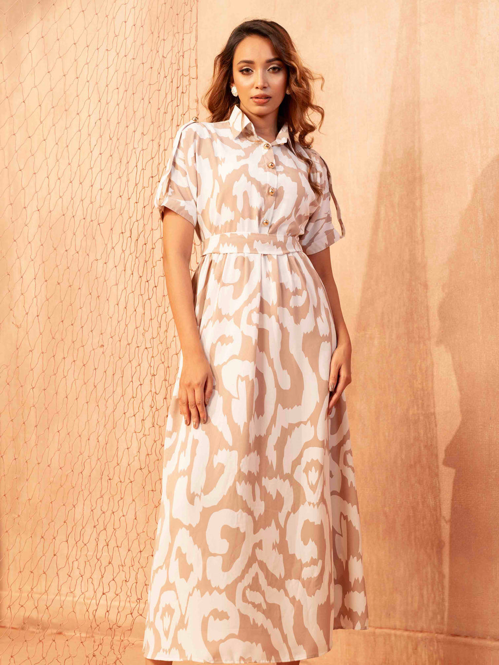 Cream nude Color Printed Ankle Gown