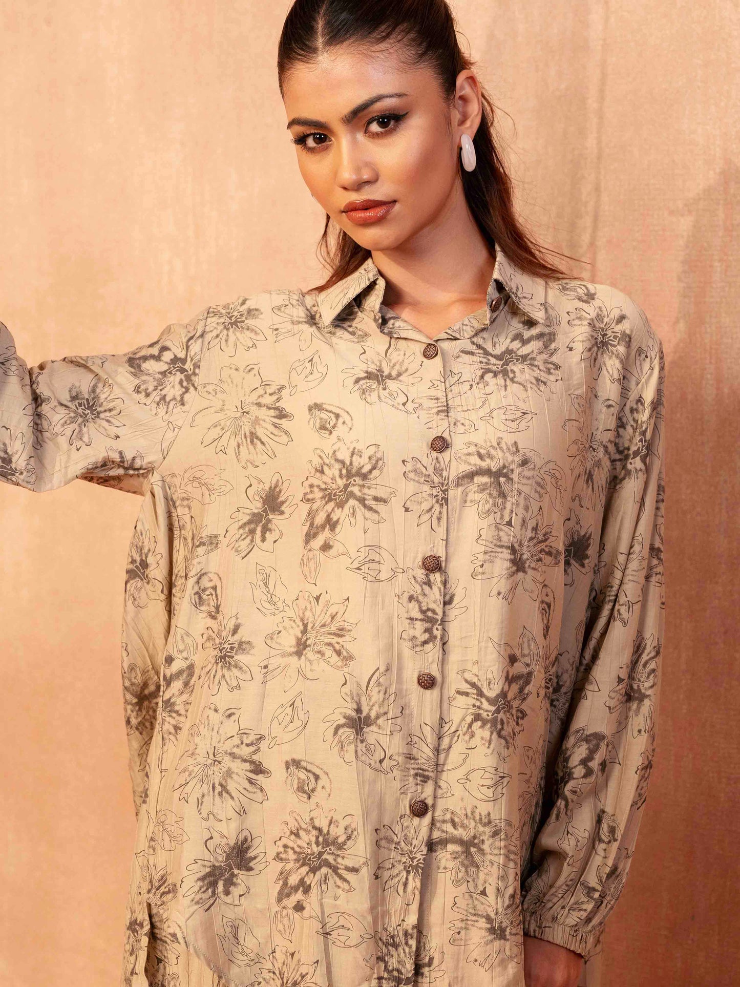 Cream Black leaf Printed Female Co-Ord Set