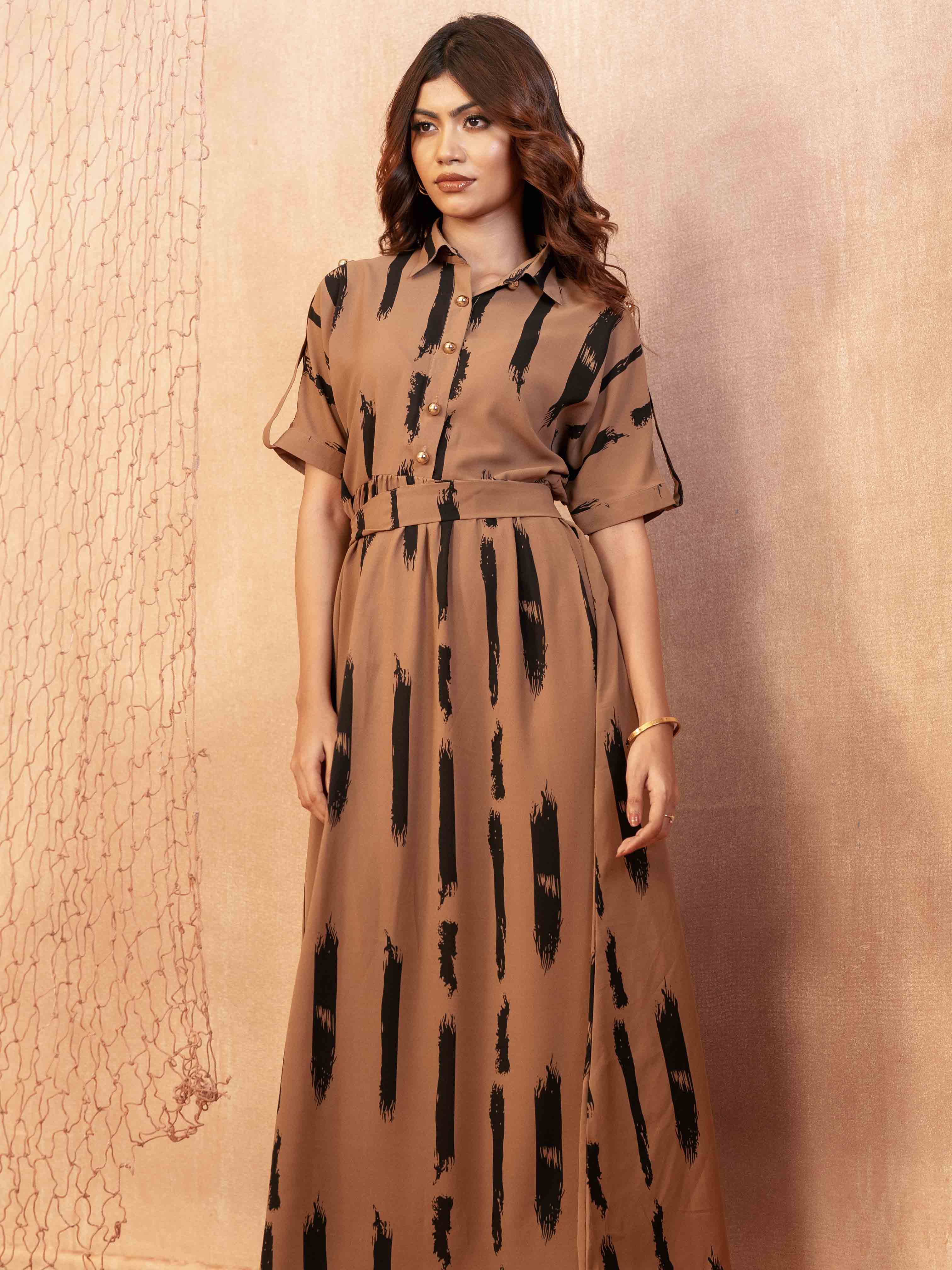Walnut Color With Black Stripe Printed Semi Long Dress