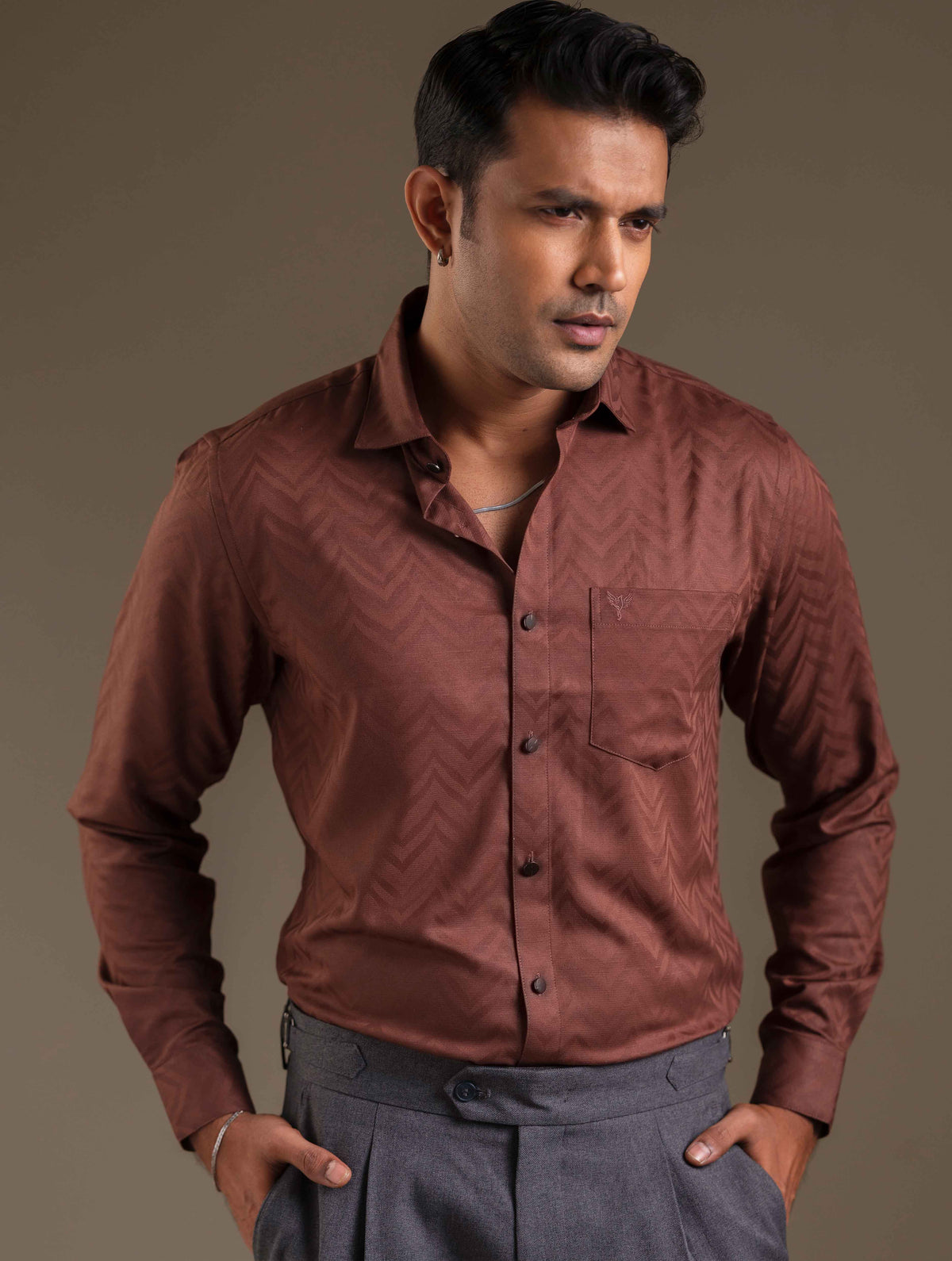 Dark Coffee zigzag texture Premium Bamboo Silk Shirt