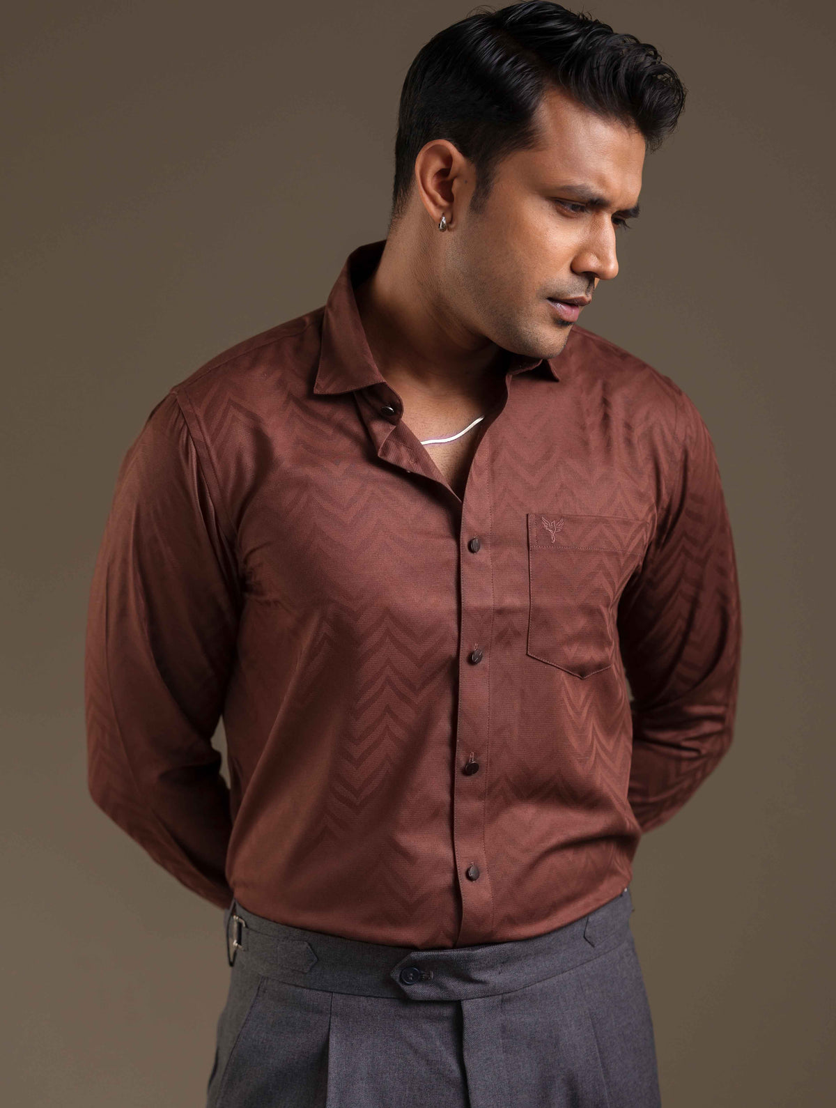 Dark Coffee zigzag texture Premium Bamboo Silk Shirt