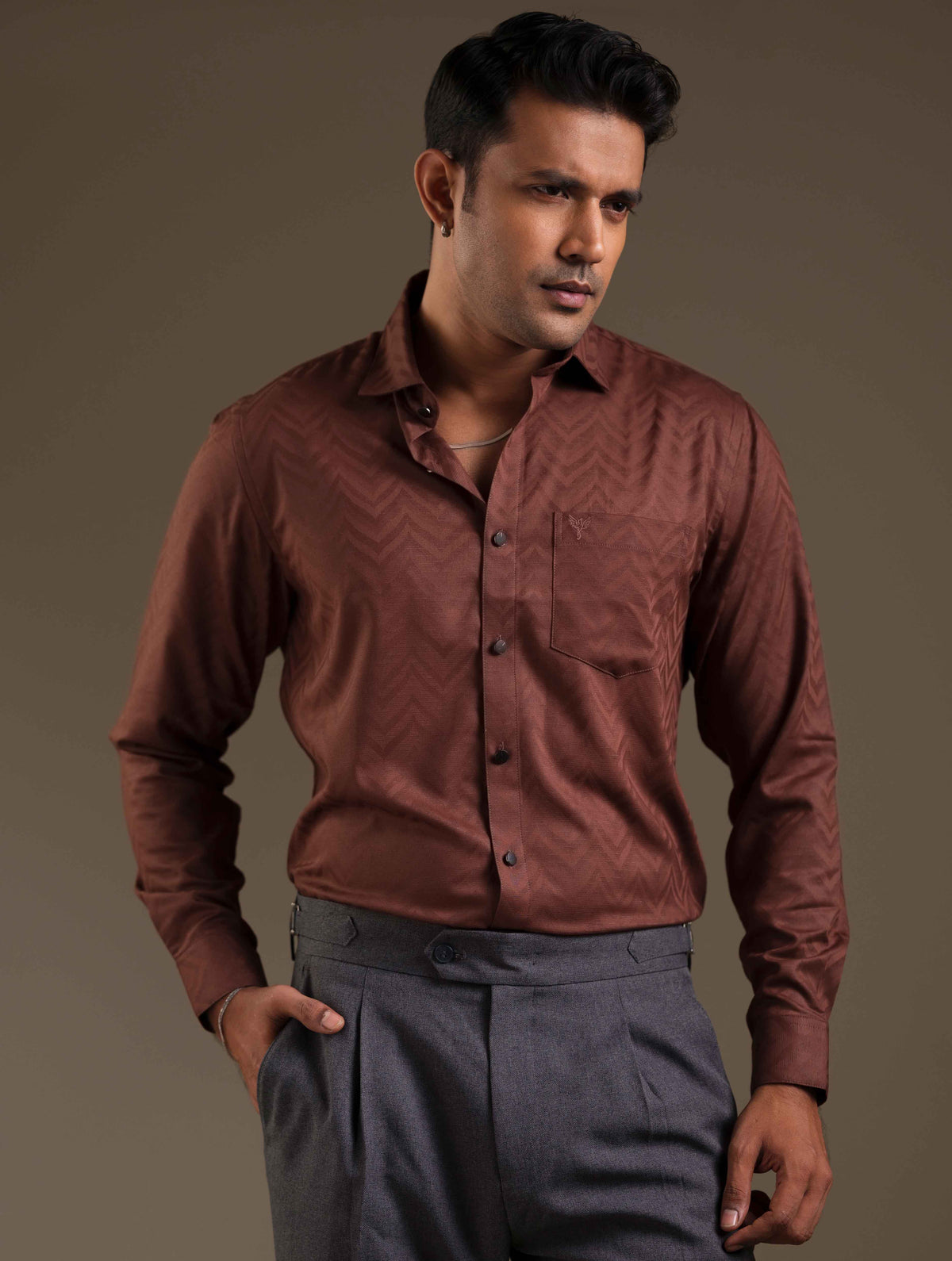 Dark Coffee zigzag texture Premium Bamboo Silk Shirt