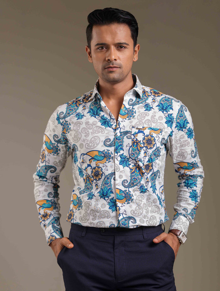 White Paste Yellow Sankha Printed Full Sleeve