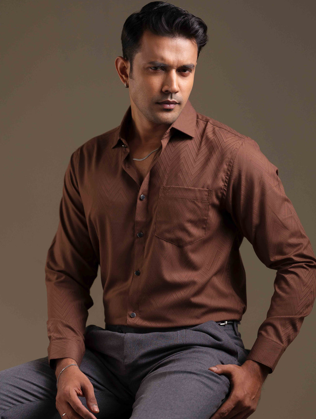 Dark Brown Zigzag Premium Bamboo Silk Shirt