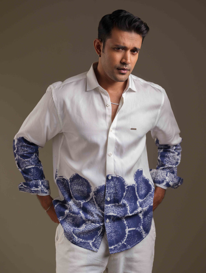 White 3D Design Printed Full Sleeve Shirt
