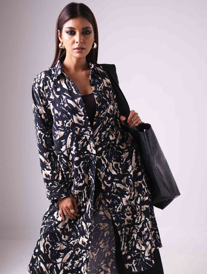 Brown cream abstract printed female long shirt