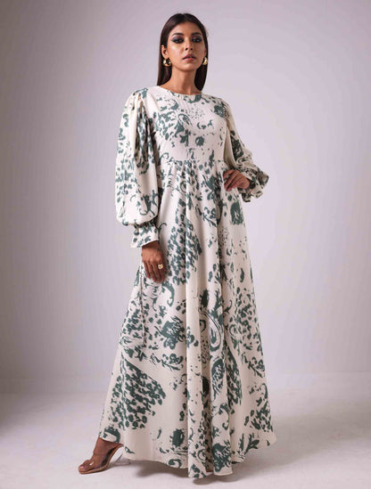 Cream green scroll printed Gown design female dress