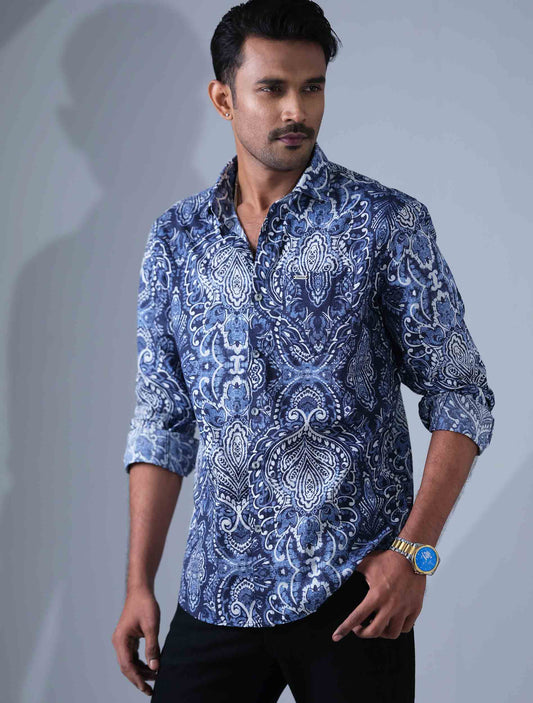 Cobalt Blue White Nakshi Printed Full sleeve