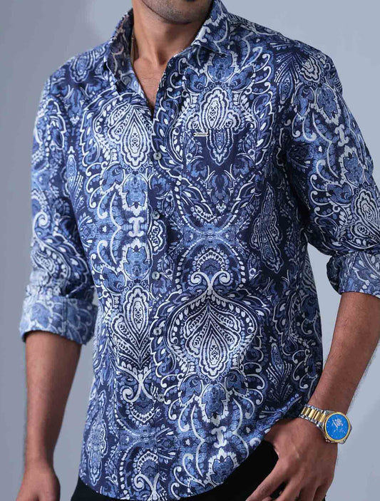 Cobalt Blue White Nakshi Printed Full sleeve