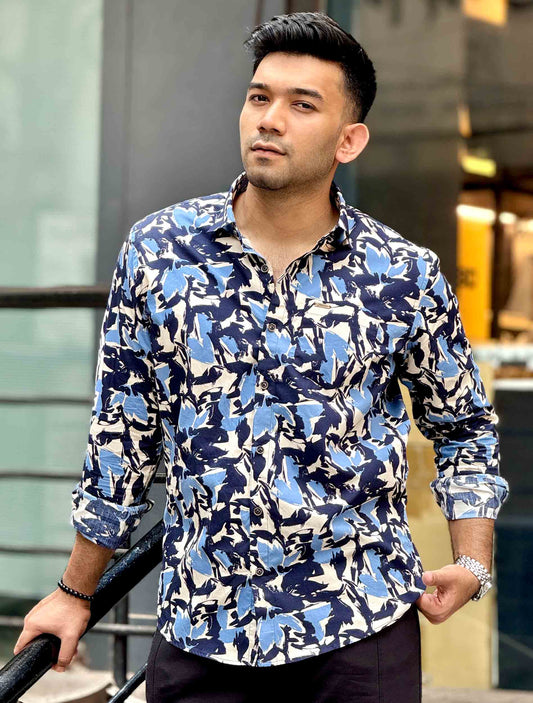 Cream Black Blue printed full sleeve shirt