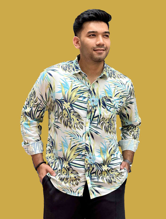 White Multicolor Leaf printed full sleeve shirt