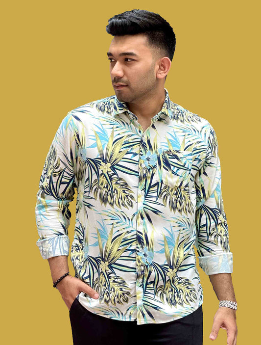White Multicolor Leaf printed full sleeve shirt