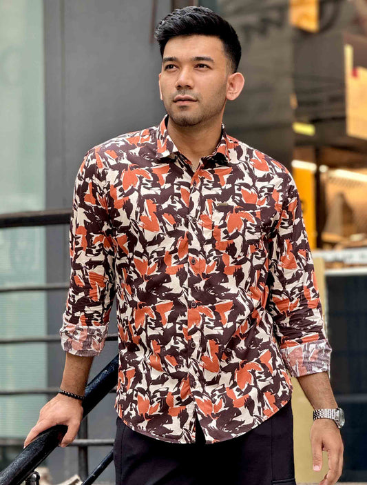 Cream coffee orange printed full sleeve shirt