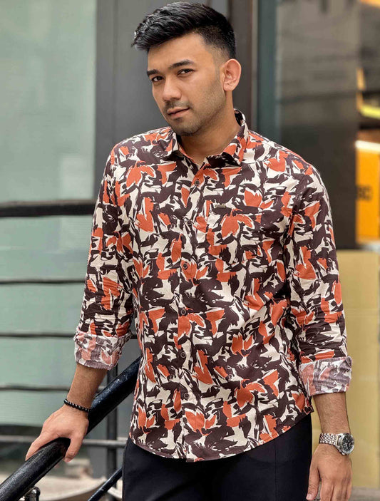 Cream coffee orange printed full sleeve shirt